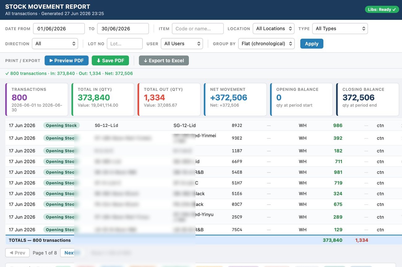 A custom FileMaker stock-movement reporting screen built by Evopac